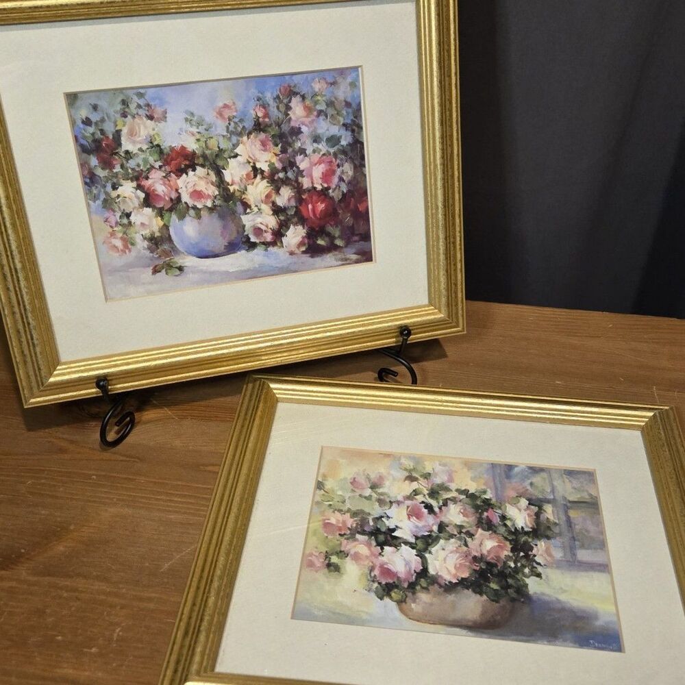(2) Vtg Penny Dermand Art Prints Pink Roses In Vase Framed Gold 11.5 X 9.5
